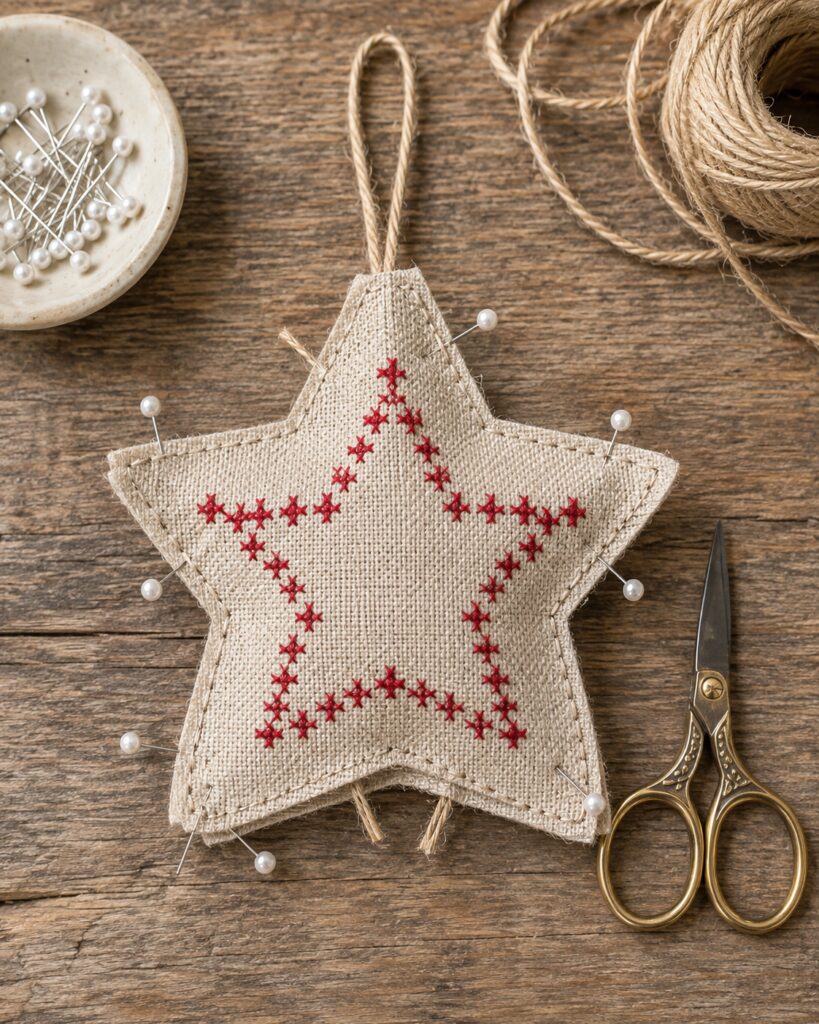 Pinned crimson linen star ornament