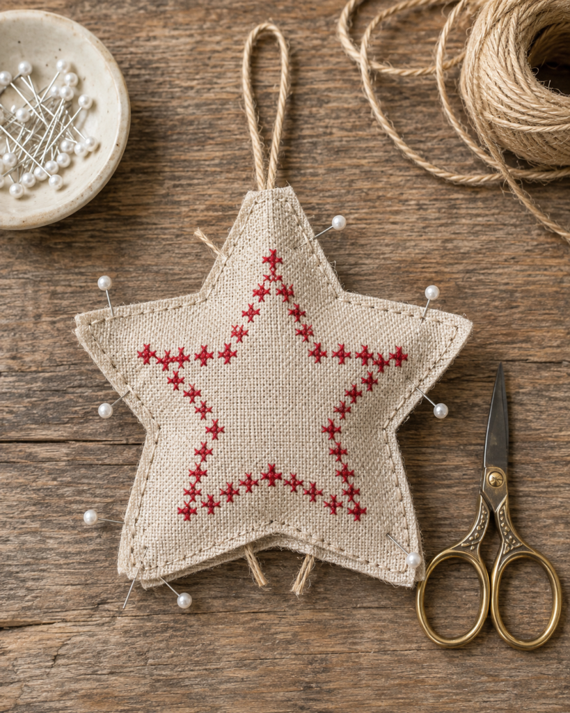 Pinned crimson linen star ornament