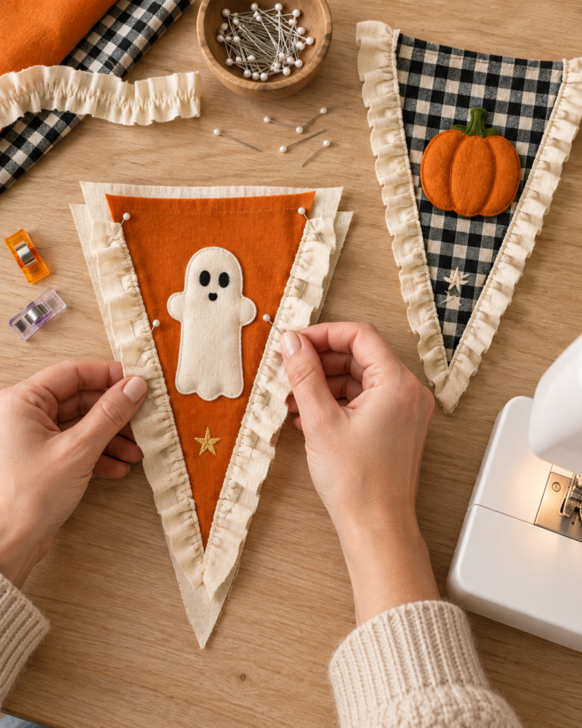 pair of hands pinning ivory ruffle onto fabric pennant triangle
