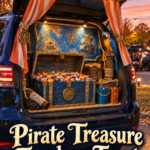 Pirate themed SUV candy handout display with treasure map and illuminated chest