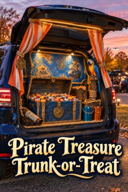 Pirate themed SUV candy handout display with treasure map and illuminated chest