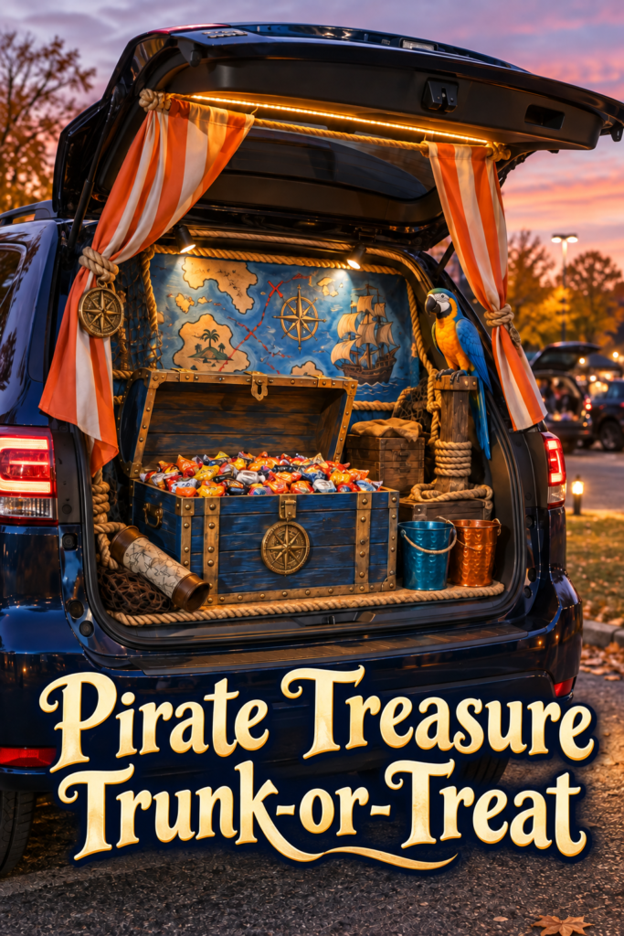 Pirate themed SUV candy handout display with treasure map and illuminated chest