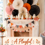 playful Halloween fireplace display with layered paper fans ivory ghosts and seasonal headline