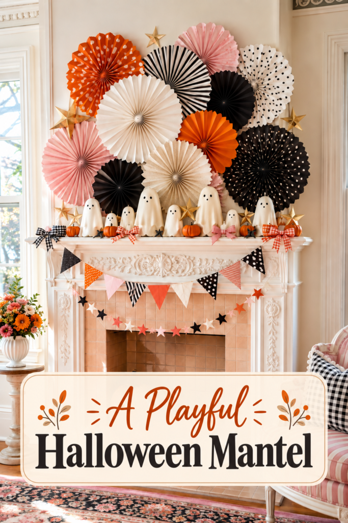 playful Halloween fireplace display with layered paper fans ivory ghosts and seasonal headline