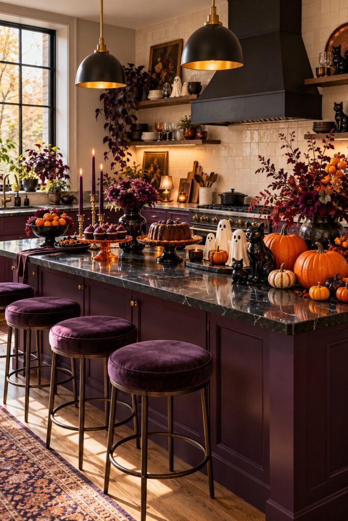 Plum Halloween kitchen island with white ghosts black cat figurines orange pumpkins flowers and desserts