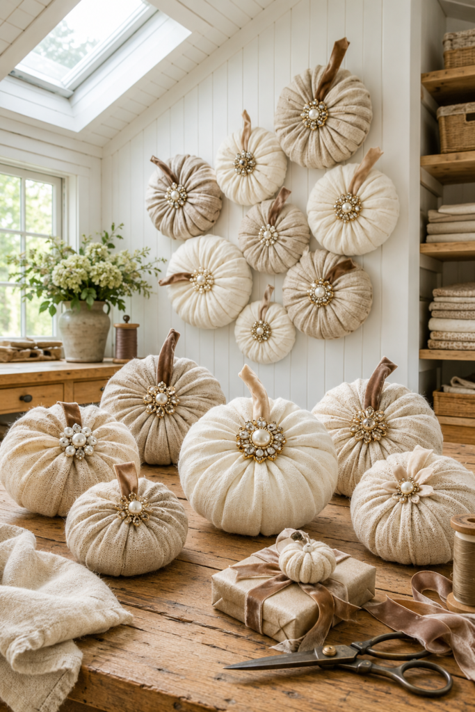 pleated linen stuffed pumpkins with velvet stems and brooch tops hanging on a wall