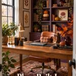 Compact autumn office with plum bookcases brass lamp botanical art and plum built in fall home office title