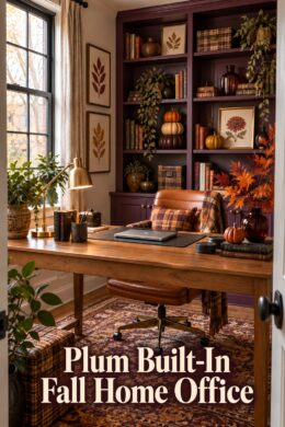 Compact autumn office with plum bookcases brass lamp botanical art and plum built in fall home office title
