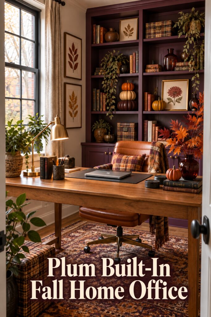 Compact autumn office with plum bookcases brass lamp botanical art and plum built in fall home office title