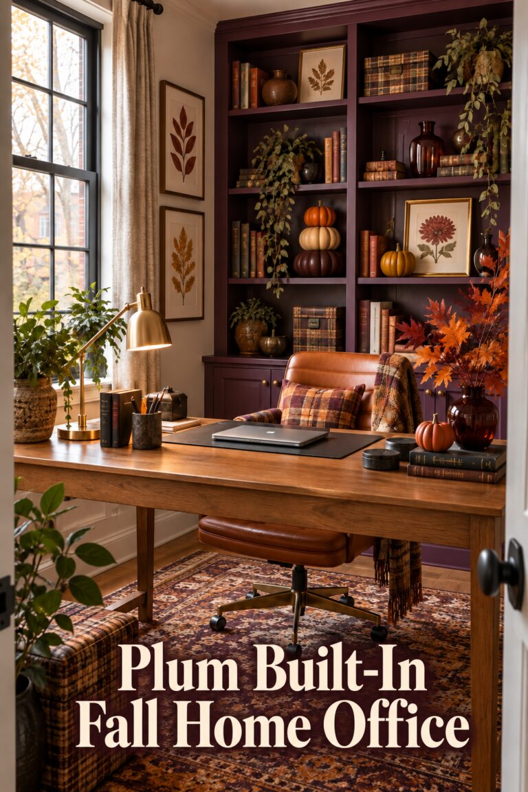 Compact autumn office with plum bookcases brass lamp botanical art and plum built in fall home office title