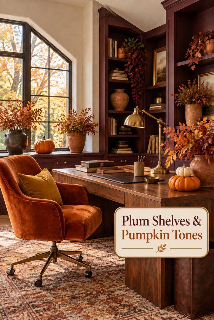 Plum shelved fall office with pumpkin tones and title text across the lower desk
