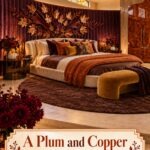 A Plum and Copper Fall Bedroom headline over a bedroom with metallic leaves and layered velvet pillows