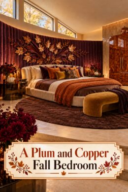 A Plum and Copper Fall Bedroom headline over a bedroom with metallic leaves and layered velvet pillows