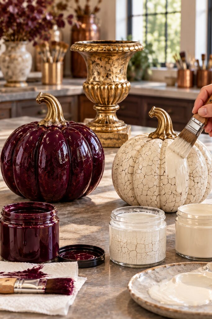 Plum painted pumpkin and ivory crackle pumpkin beside an aged gold pedestal and paint supplies
