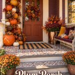 Fall front porch with stacked orange cream and brown pumpkins beside plum porch pumpkin tower title