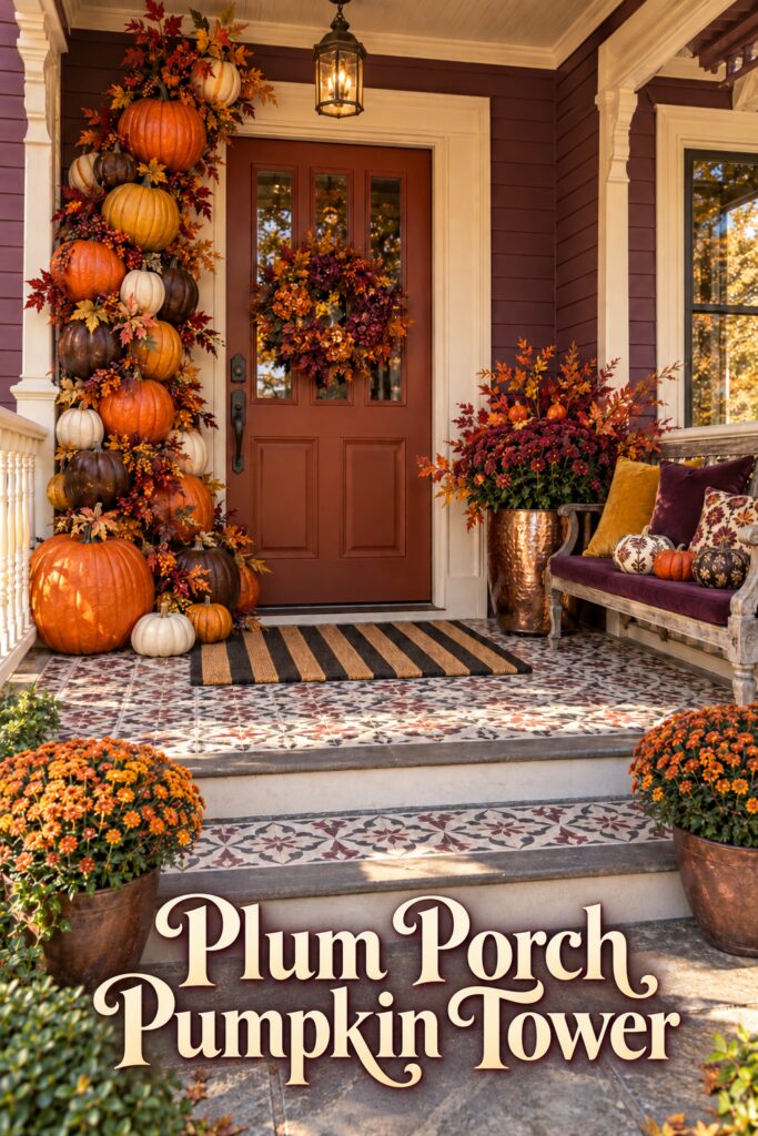 Fall front porch with stacked orange cream and brown pumpkins beside plum porch pumpkin tower title