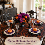 Purple dahlia Halloween table with black lace layers white tapers and a headline about the floral table setting