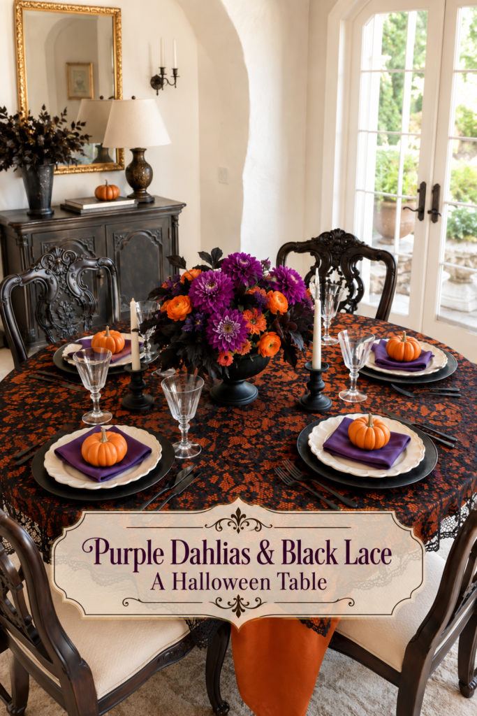 Purple dahlia Halloween table with black lace layers white tapers and a headline about the floral table setting