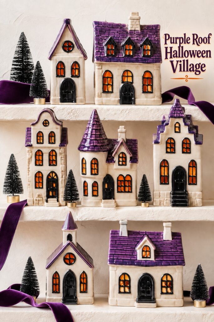Purple roof Halloween village displayed on ivory shelves with velvet ribbon and miniature black trees