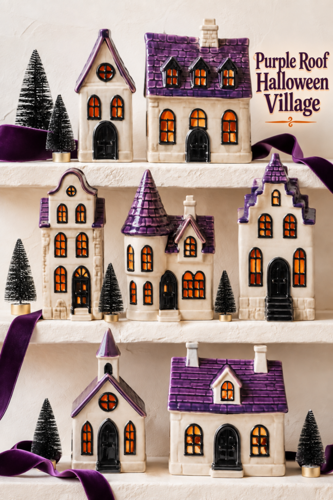 Purple roof Halloween village displayed on ivory shelves with velvet ribbon and miniature black trees
