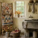 Rustic washhouse with quilts stoneware and fall foliage beneath text reading Quilts and Apples A Cozy Fall Laundry Room