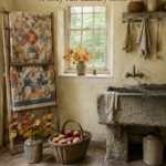Rustic washhouse with quilts stoneware and fall foliage beneath text reading Quilts and Apples A Cozy Fall Laundry Room