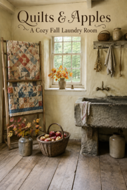Rustic washhouse with quilts stoneware and fall foliage beneath text reading Quilts and Apples A Cozy Fall Laundry Room