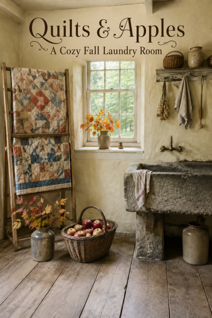 Rustic washhouse with quilts stoneware and fall foliage beneath text reading Quilts and Apples A Cozy Fall Laundry Room