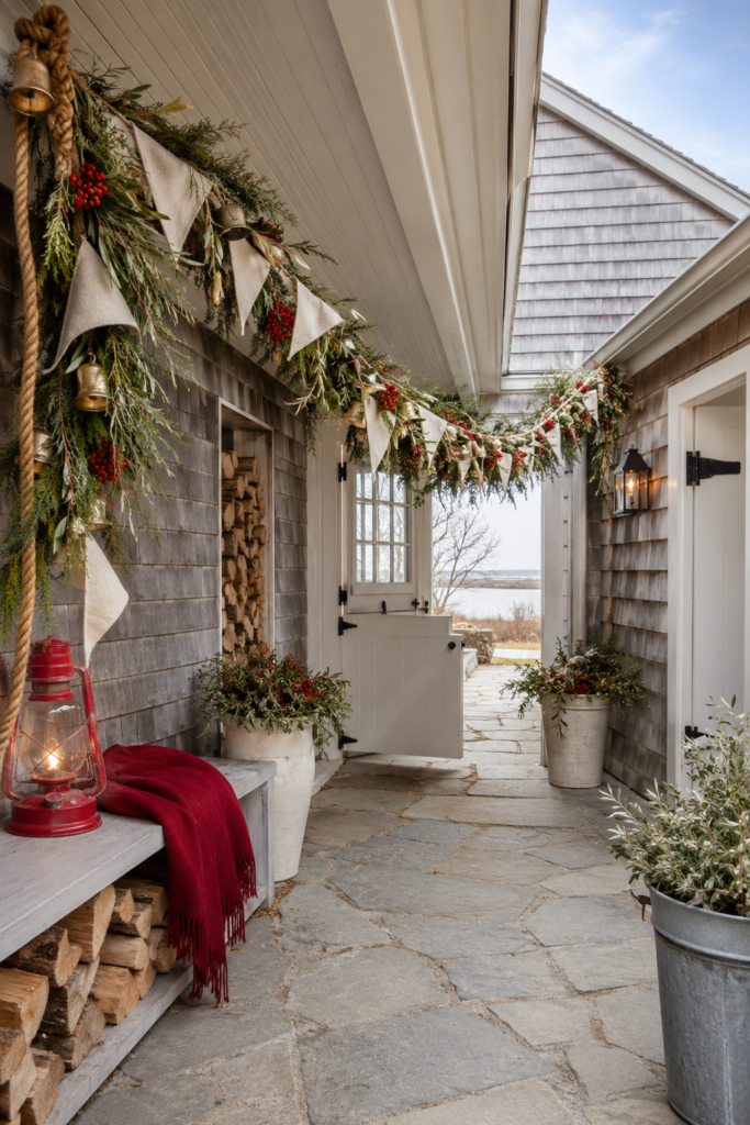 Coastal saltbox breezeway decorated with evergreen garland sailcloth pennants red berries brass bells rope and a red lantern