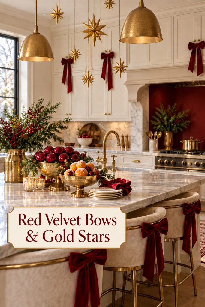Red velvet bow and gold star Christmas kitchen with title text across the lower foreground