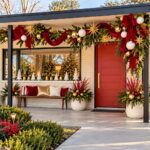 Red Velvet Christmas Porch title above a cream brick entry with ribbon loops ceramic trees and gold ornaments