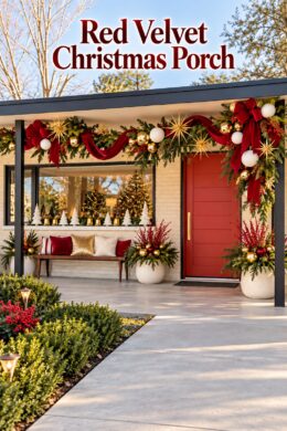 Red Velvet Christmas Porch title above a cream brick entry with ribbon loops ceramic trees and gold ornaments
