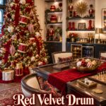 Holiday game room with decorated tree chessboards red game pieces and red velvet drum Christmas game room title
