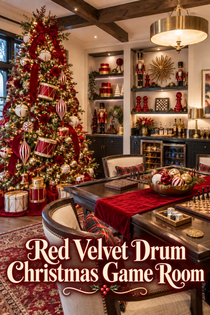 Holiday game room with decorated tree chessboards red game pieces and red velvet drum Christmas game room title