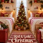 Shared childrens holiday bedroom with matching pine beds velvet bows and red gold Christmas twin bedroom title