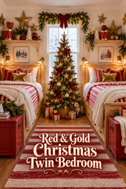 Shared childrens holiday bedroom with matching pine beds velvet bows and red gold Christmas twin bedroom title