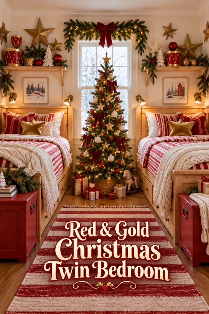 Shared childrens holiday bedroom with matching pine beds velvet bows and red gold Christmas twin bedroom title