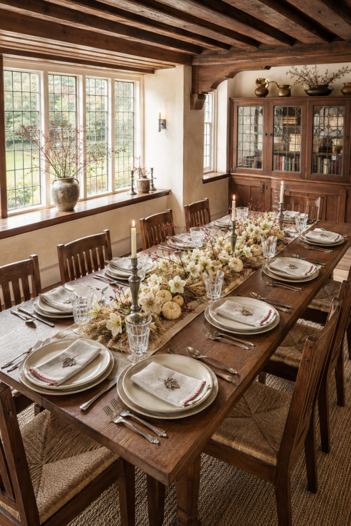 Arts and Crafts Thanksgiving table with red currant branches cream flowers ivory pumpkins linen napkins and pewter candlesticks