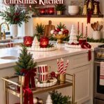 Christmas kitchen with red glass gold bowls white ceramic trees and red glass and gold kitchen headline