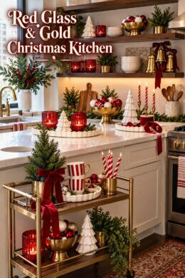 Christmas kitchen with red glass gold bowls white ceramic trees and red glass and gold kitchen headline