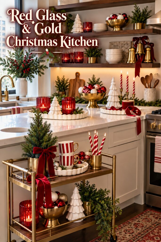 Christmas kitchen with red glass gold bowls white ceramic trees and red glass and gold kitchen headline