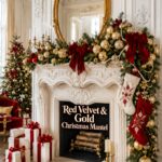 Ornate ivory fireplace with red and gold Christmas mantel headline inside the unlit hearth