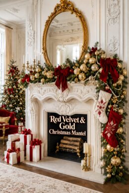 Ornate ivory fireplace with red and gold Christmas mantel headline inside the unlit hearth
