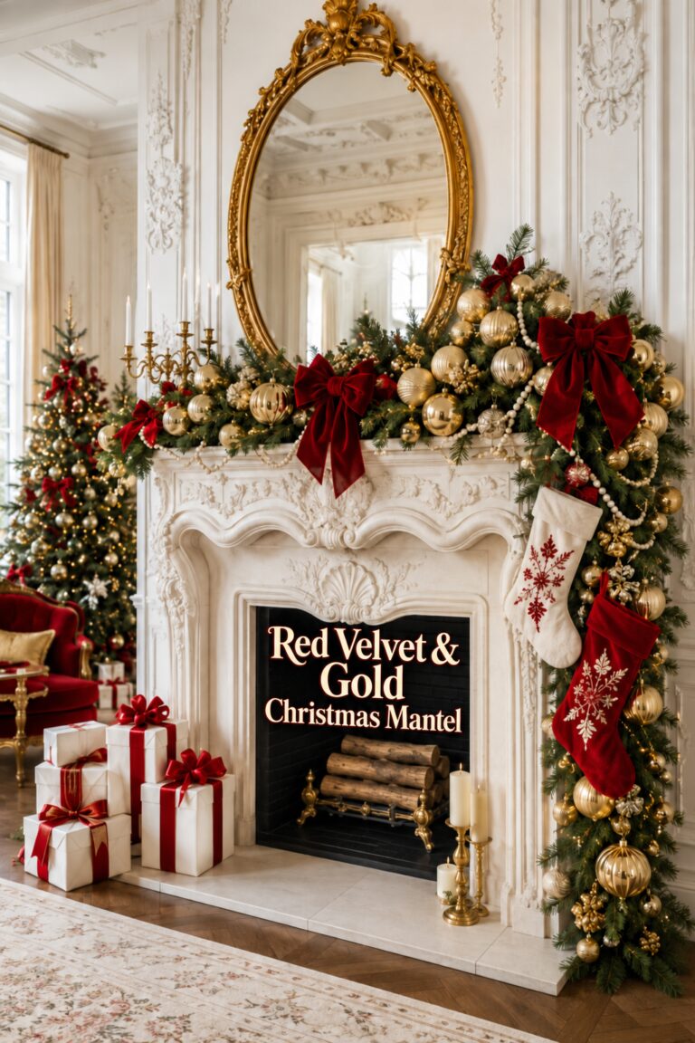 Ornate ivory fireplace with red and gold Christmas mantel headline inside the unlit hearth