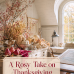 Sunlit vintage map room with a pear and pumpkin harvest display and an overlay reading A Rosy Take on Thanksgiving Decor