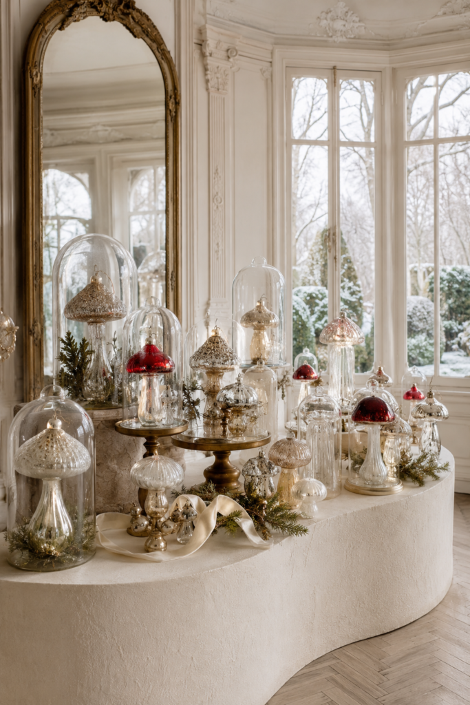 Elegant Christmas salon filled with ruby and mercury glass mushroom ornaments under clear cloches with brass stands and greenery