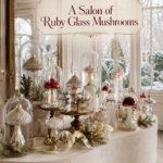Ruby Glass Mushroom Salon above a luminous Christmas display of cloches