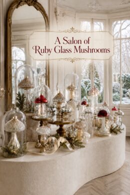 Ruby Glass Mushroom Salon above a luminous Christmas display of cloches