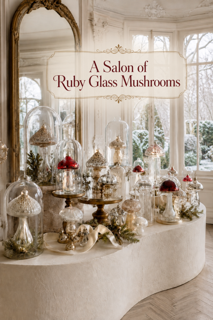 Ruby Glass Mushroom Salon above a luminous Christmas display of cloches silver ornaments ivory ribbon and winter greenery