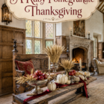 Ruby Pomegranate Thanksgiving above an old world harvest display with white pumpkins